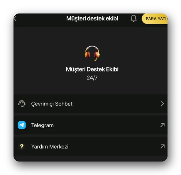 Menü: çevrimiçi sohbet, Telegram ve Yardım Merkezi girişleri