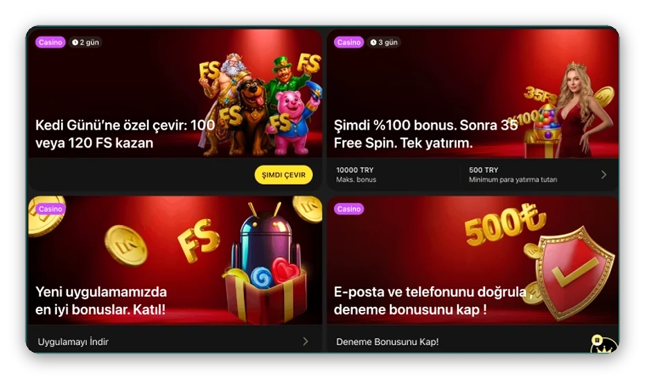 Dört kart: tematik çevirme etkinliği, yatırım bonusu, uygulama teklifi, deneme bonusu