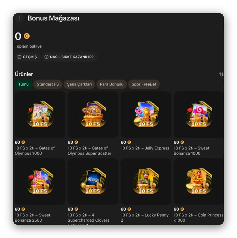 Jeton mağazası Ekran: jeton bakiyesi ve slot kutuları üzerinde free spin teklifleri, Bonus Mağazası
