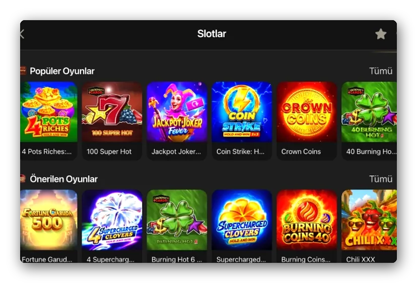 Satırlar: popüler ve önerilen slotlar, aralarında hold and win oyunları
