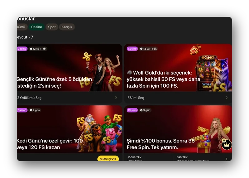 Teklif listesi Liste: Tümü, casino ve spor filtreleri ile altında dört casino teklif kartı