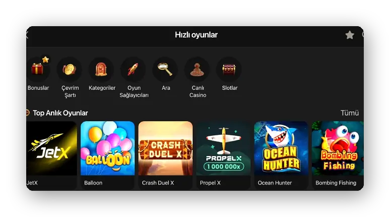 Satır: JetX, Balloon, Crash Duel X ve Propeller kutularıyla hızlı oyunlar