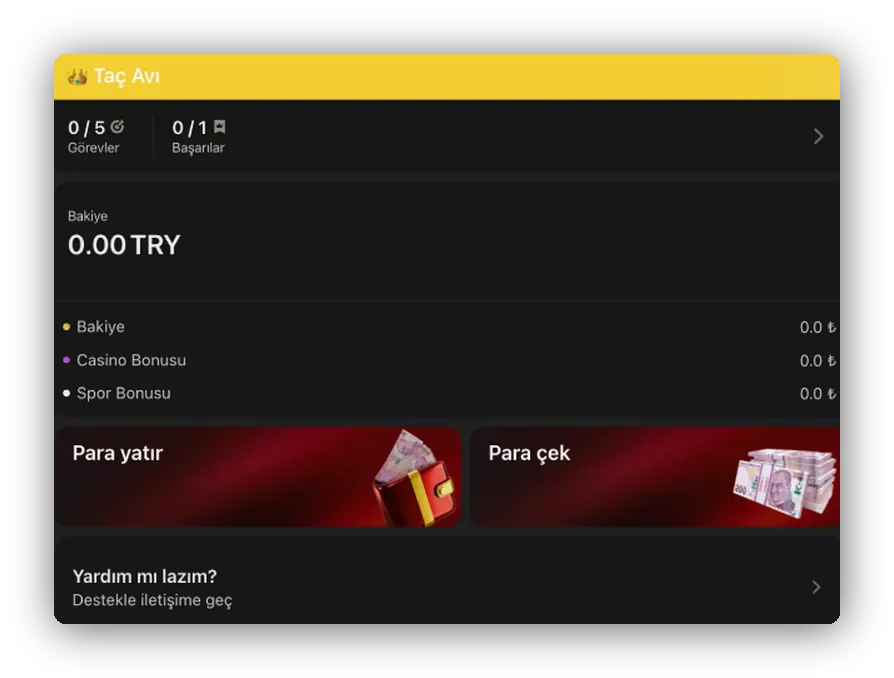 Panel: bakiye, para yatır ve para çek butonları, yanında görev sayacı
