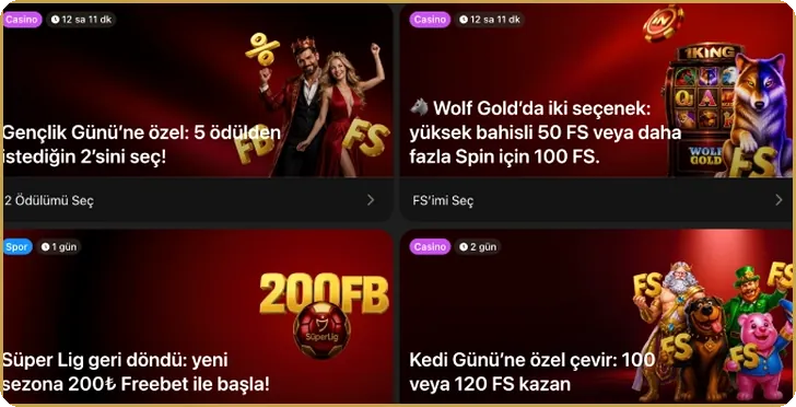Koyu zemin üzerinde dört promosyon kartı: free spin ve cashback teklifleri