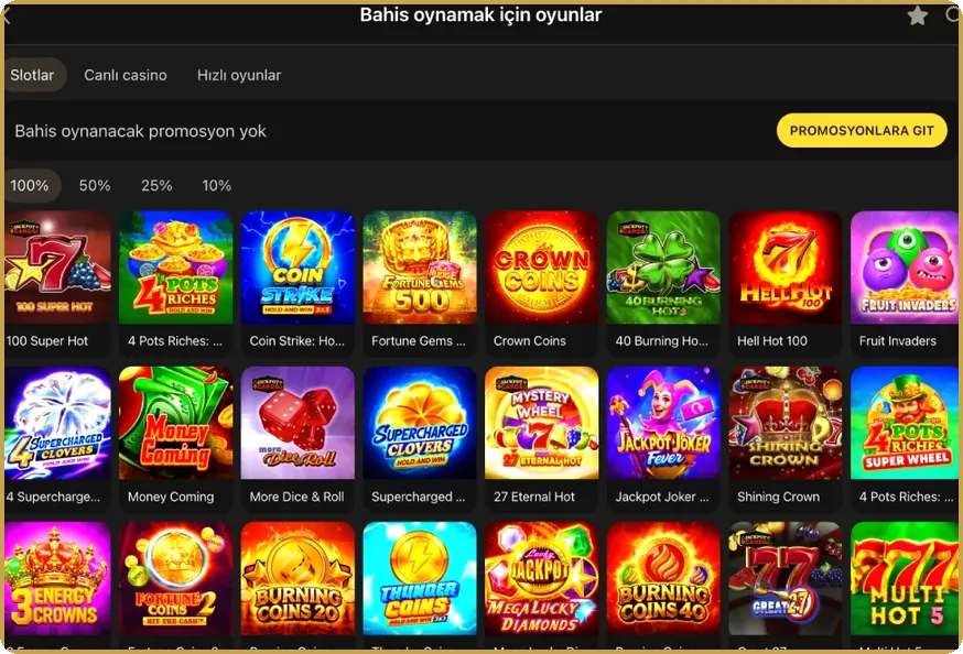Liste: çevrim için slotlar, üstte %100, %50, %25 ve %10 katkı filtreleri